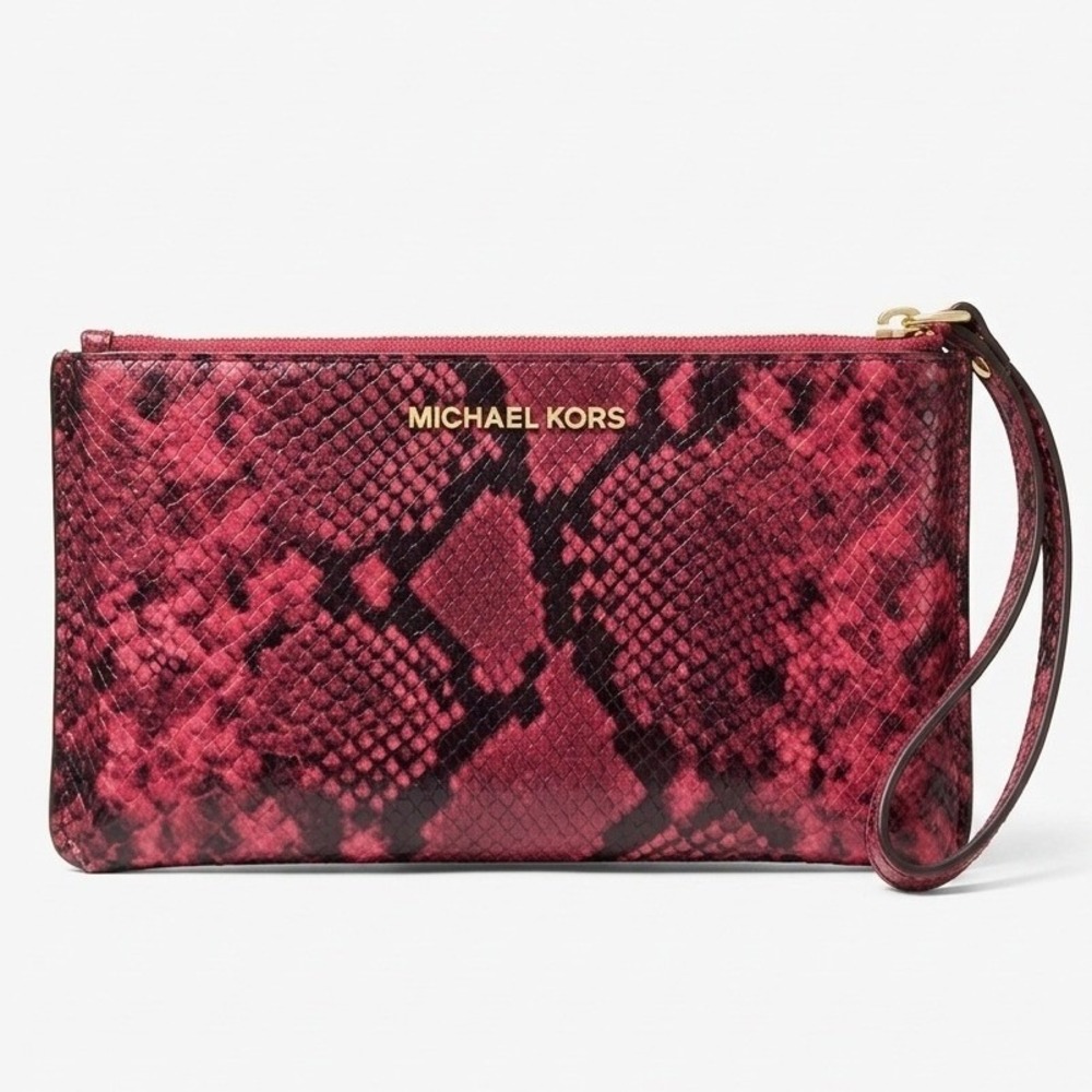 Michael Kors Jetset Red Snakeskin Chic  Embossed Leather Wristlet Gold Hardware